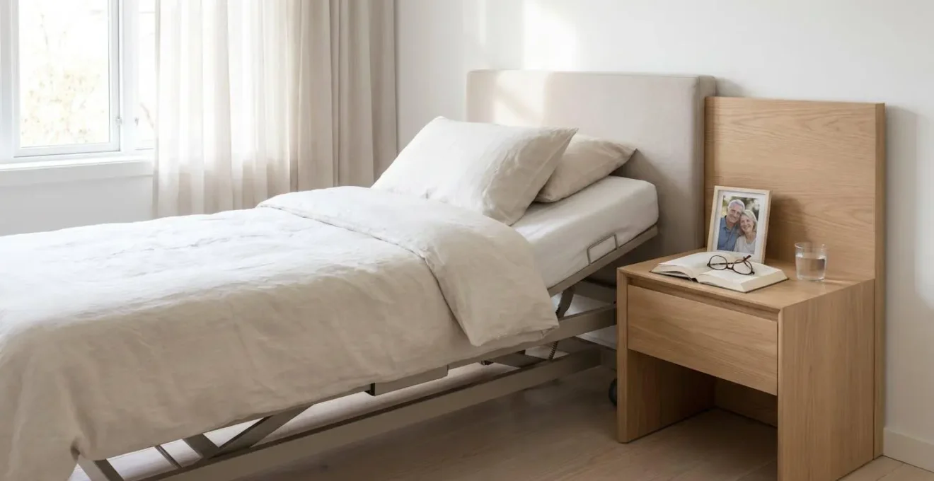 Chambre lumineuse à domicile avec lit médicalisé discret, table de nuit avec objets personnels et petit dispositif médical, symbolisant les soins HAD dans un environnement familier
