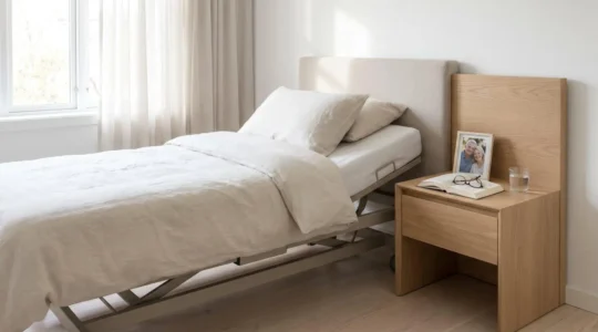 Chambre lumineuse à domicile avec lit médicalisé discret, table de nuit avec objets personnels et petit dispositif médical, symbolisant les soins HAD dans un environnement familier
